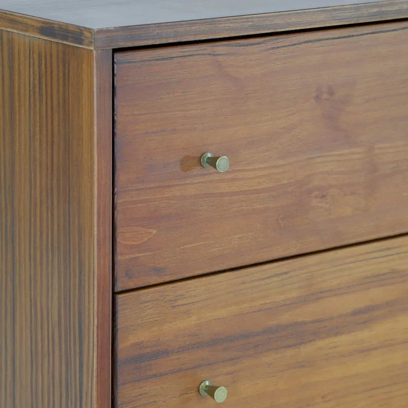 Cassettiera Mid-Century Modern a 6 cassetti, impiallacciatura in legno massello, gambe in eucalipto, maniglie in ottone anticato, finitura atossica