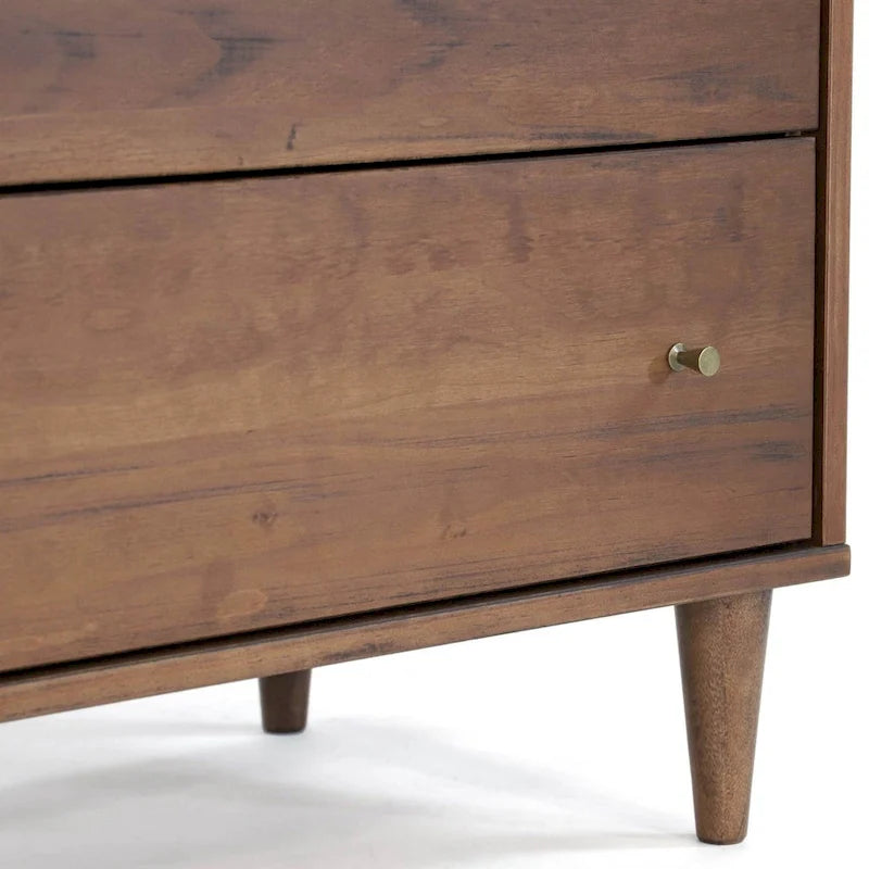 Cassettiera Mid-Century Modern a 6 cassetti, impiallacciatura in legno massello, gambe in eucalipto, maniglie in ottone anticato, finitura atossica