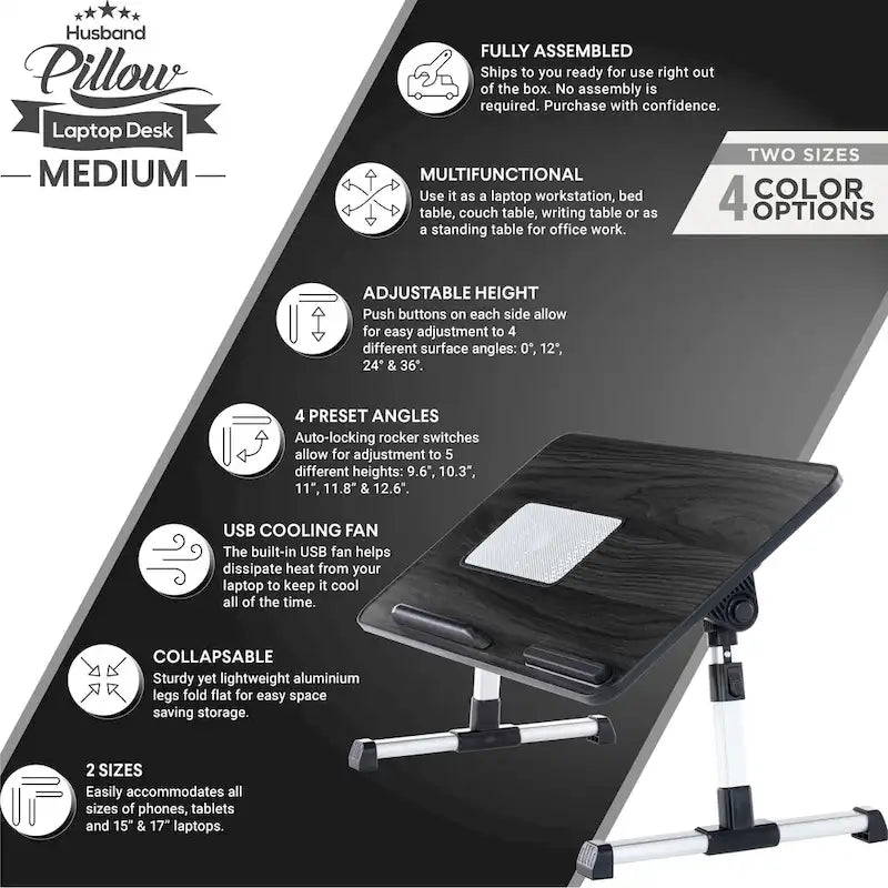 Cuscino da marito - Tavolino da letto in legno piccolo - Adatto a laptop fino a 17 pollici - con doppio cuscino, fessura multifunzione per tablet