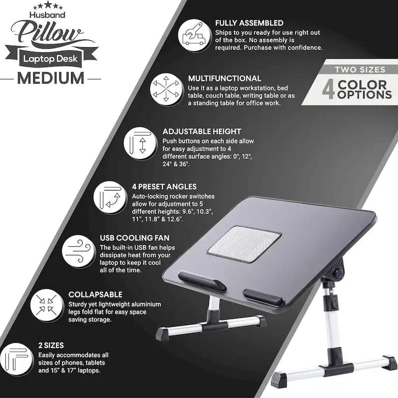 Cuscino da marito - Tavolino da letto in legno piccolo - Adatto a laptop fino a 17 pollici - con doppio cuscino, fessura multifunzione per tablet