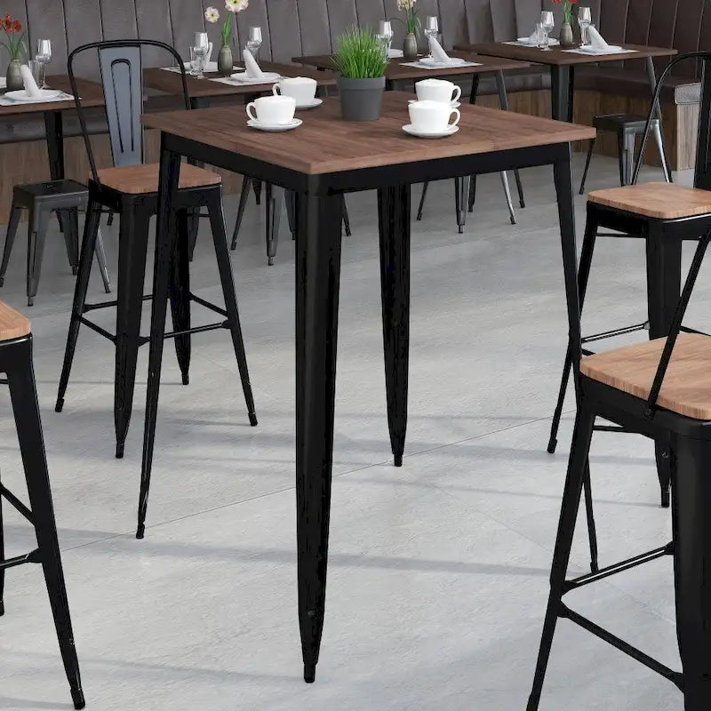 Tavolo quadrato alto da bar per interni in metallo con piano in legno rustico da 80 x 80 x 106 cm - 80L x 80P x 106A