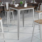 Tavolo quadrato alto da bar per interni in metallo con piano in legno rustico da 80 x 80 x 106 cm - 80L x 80P x 106A
