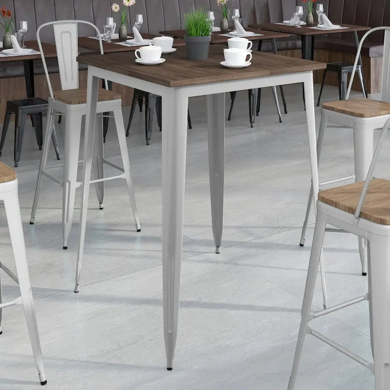 Tavolo quadrato alto da bar per interni in metallo con piano in legno rustico da 80 x 80 x 106 cm - 80L x 80P x 106A