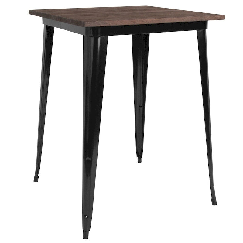 Tavolo quadrato alto da bar per interni in metallo con piano in legno rustico da 80 x 80 x 106 cm - 80L x 80P x 106A