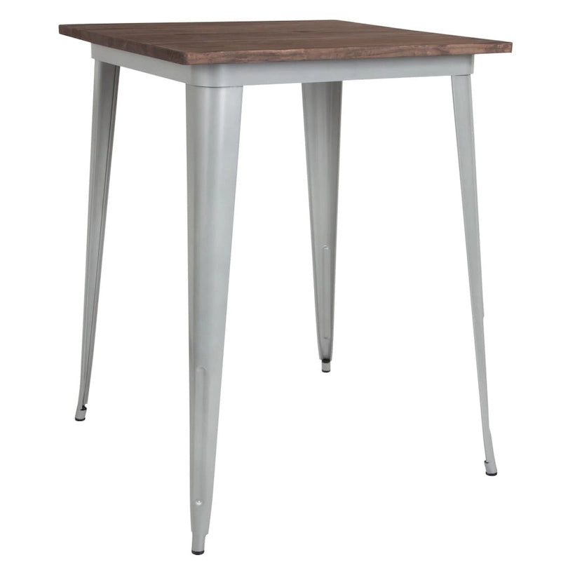 Tavolo quadrato alto da bar per interni in metallo con piano in legno rustico da 80 x 80 x 106 cm - 80L x 80P x 106A