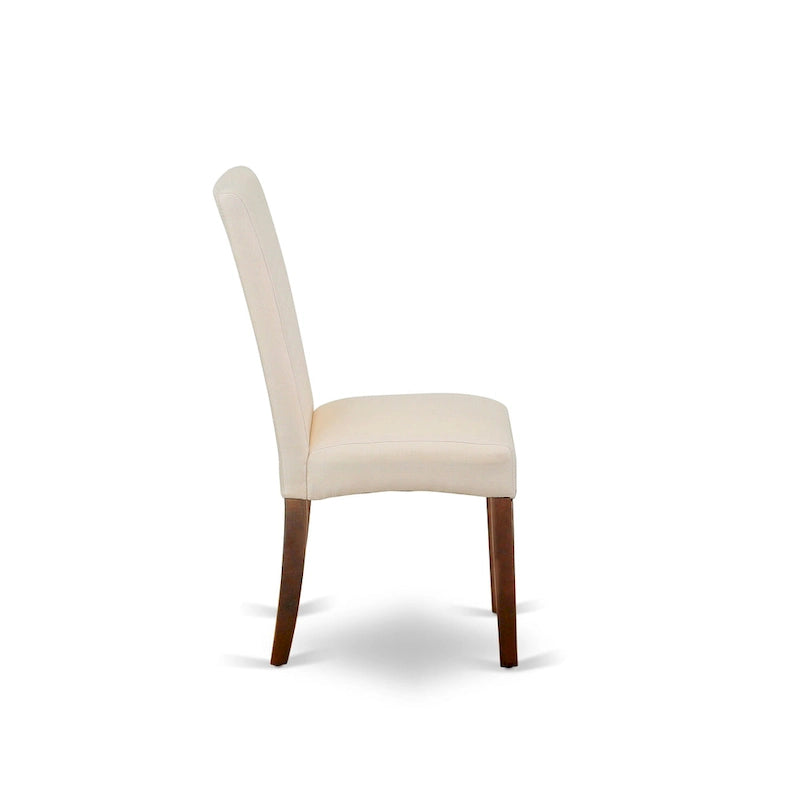 Set tavolo da pranzo rotondo, legno di mogano, sedie Parson in lino color crema, mobili per sala da pranzo e cucina