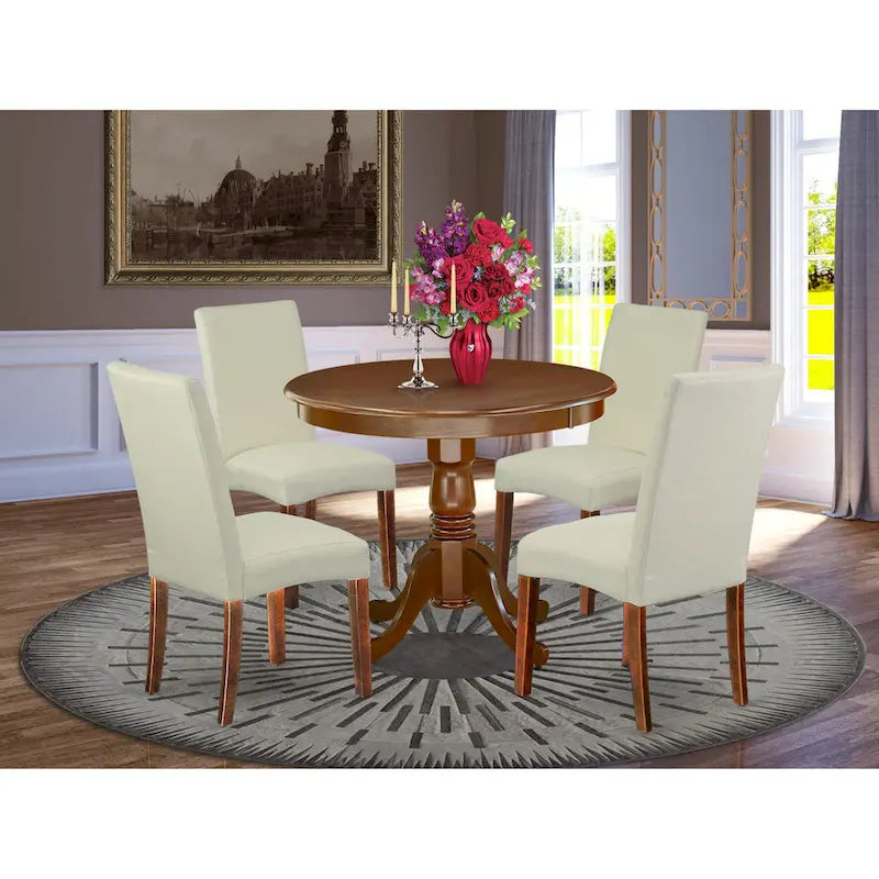 Set tavolo da pranzo rotondo, legno di mogano, sedie Parson in lino color crema, mobili per sala da pranzo e cucina