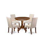 Set tavolo da pranzo rotondo, legno di mogano, sedie Parson in lino color crema, mobili per sala da pranzo e cucina