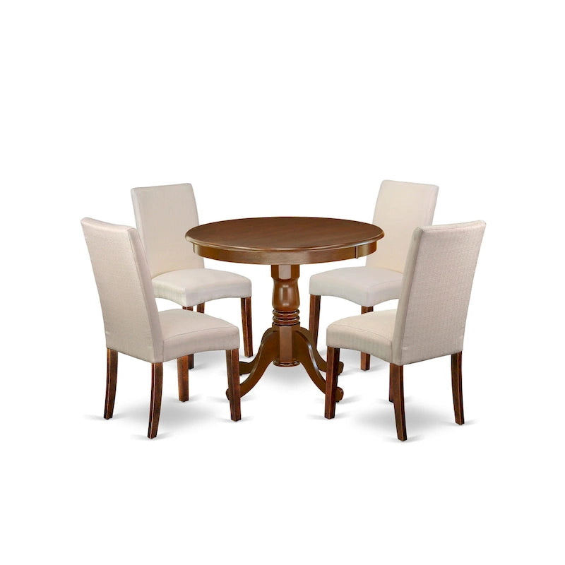 Set tavolo da pranzo rotondo, legno di mogano, sedie Parson in lino color crema, mobili per sala da pranzo e cucina