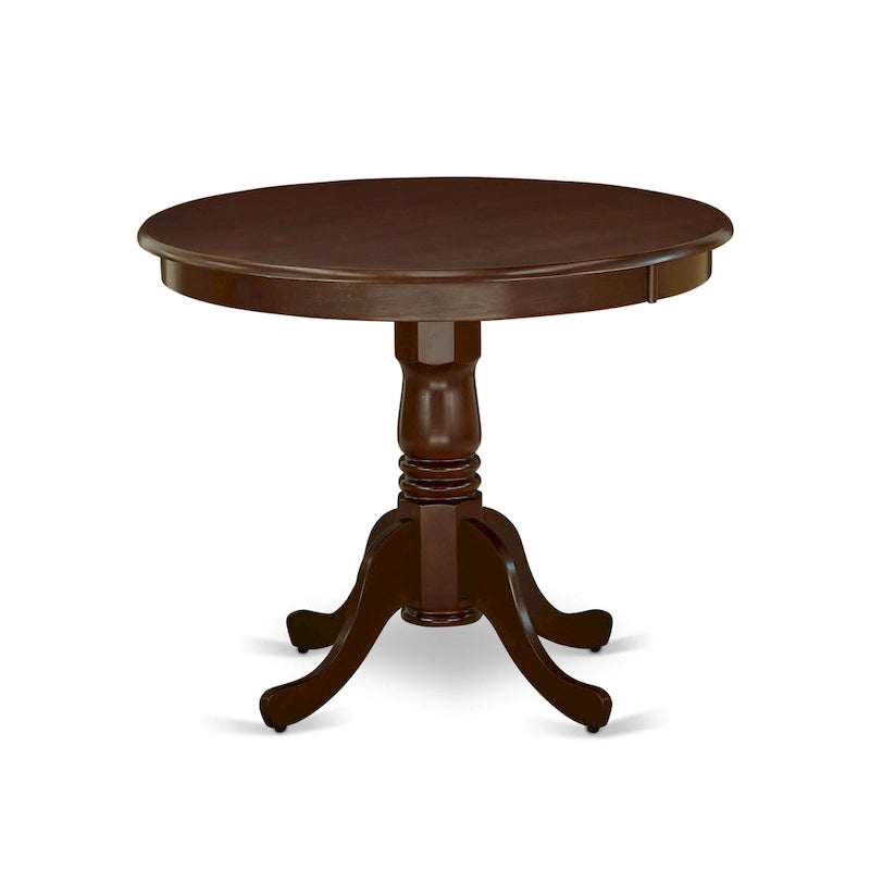 Set tavolo da pranzo rotondo, legno di mogano, sedie Parson in lino color crema, mobili per sala da pranzo e cucina
