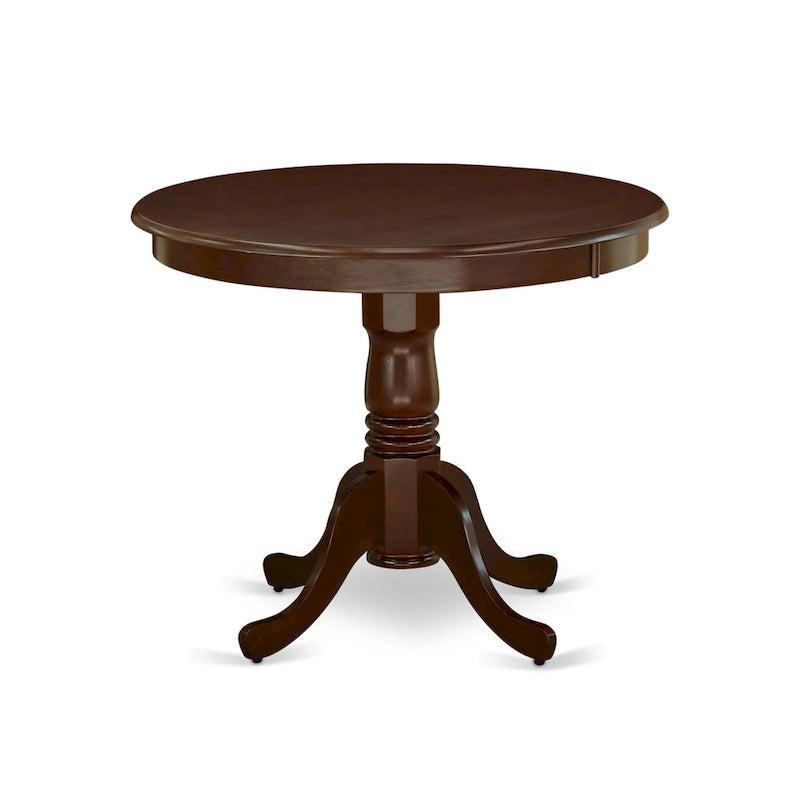 Set tavolo da pranzo rotondo, legno di mogano, sedie Parson in lino color crema, mobili per sala da pranzo e cucina