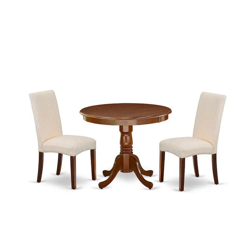Set tavolo da pranzo rotondo, legno di mogano, sedie Parson in lino color crema, mobili per sala da pranzo e cucina