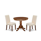 Set tavolo da pranzo rotondo, legno di mogano, sedie Parson in lino color crema, mobili per sala da pranzo e cucina