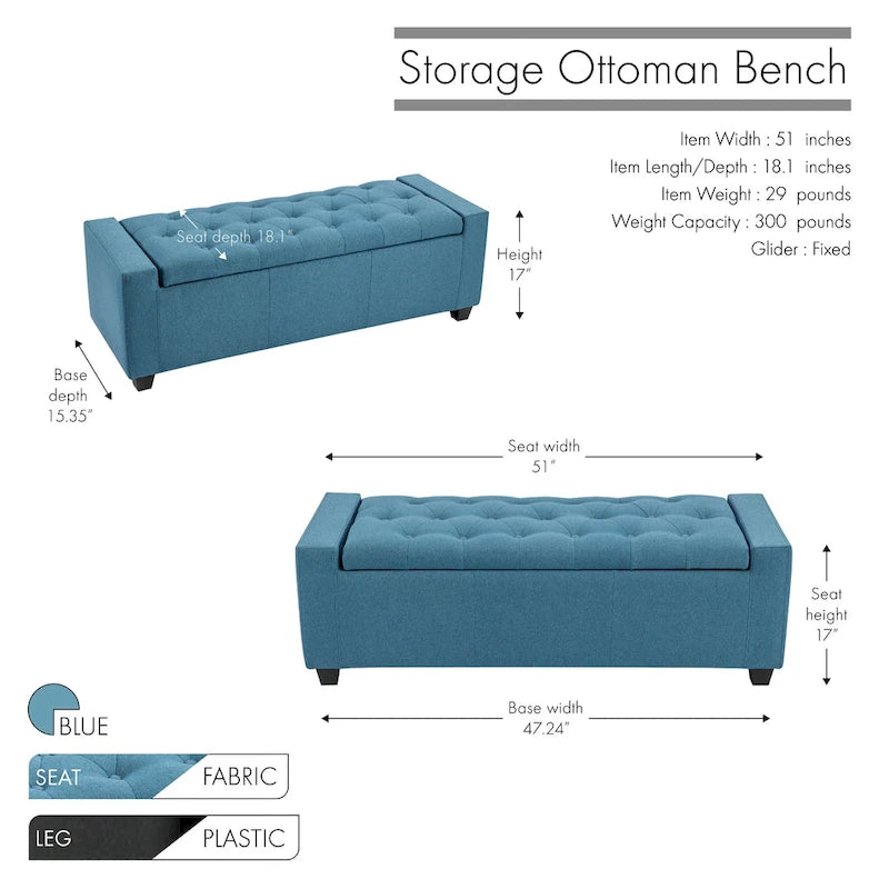 Panca pouf contenitore apribile con bottoni, seduta in schiuma, capacità 136 kg, larghezza 129,5 cm, vari colori