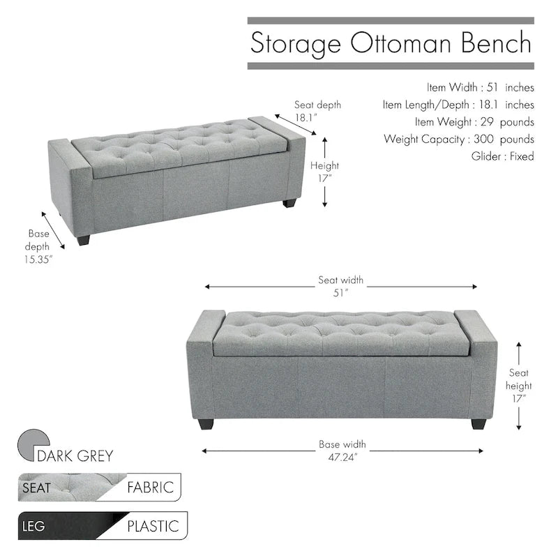 Panca pouf contenitore apribile con bottoni, seduta in schiuma, capacità 136 kg, larghezza 129,5 cm, vari colori