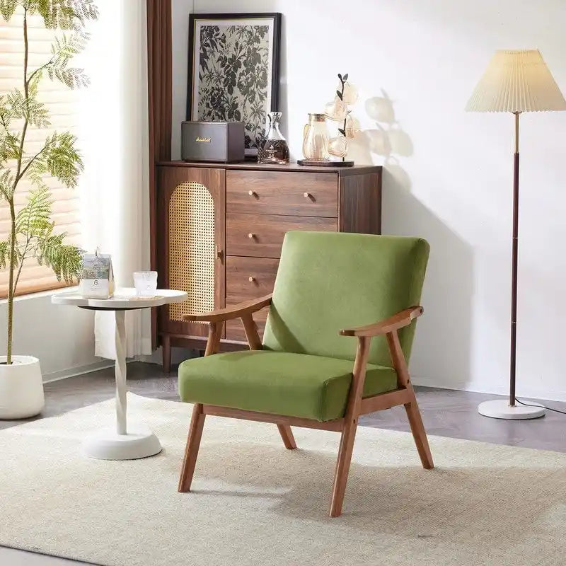 Poltrona lounge imbottita Mid-Century Modern, poltrona accentata in tessuto, robusta struttura in legno