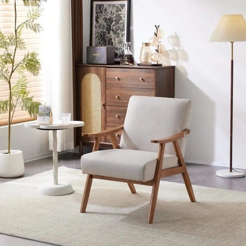 Poltrona lounge imbottita Mid-Century Modern, poltrona accentata in tessuto, robusta struttura in legno