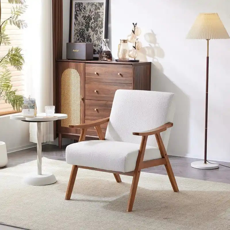 Poltrona lounge imbottita Mid-Century Modern, poltrona accentata in tessuto, robusta struttura in legno