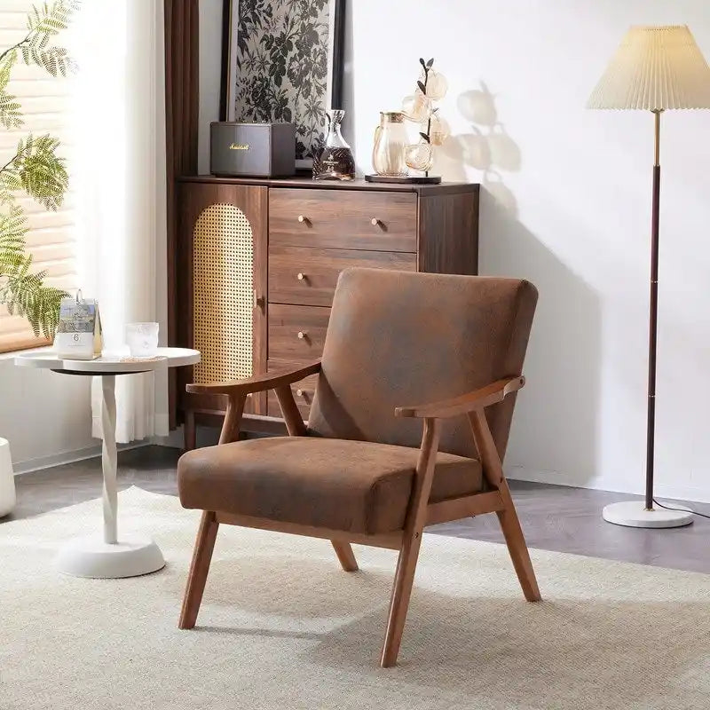 Poltrona lounge imbottita Mid-Century Modern, poltrona accentata in tessuto, robusta struttura in legno