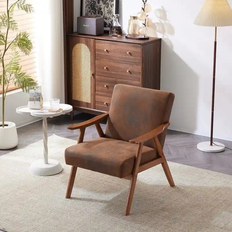 Poltrona lounge imbottita Mid-Century Modern, poltrona accentata in tessuto, robusta struttura in legno