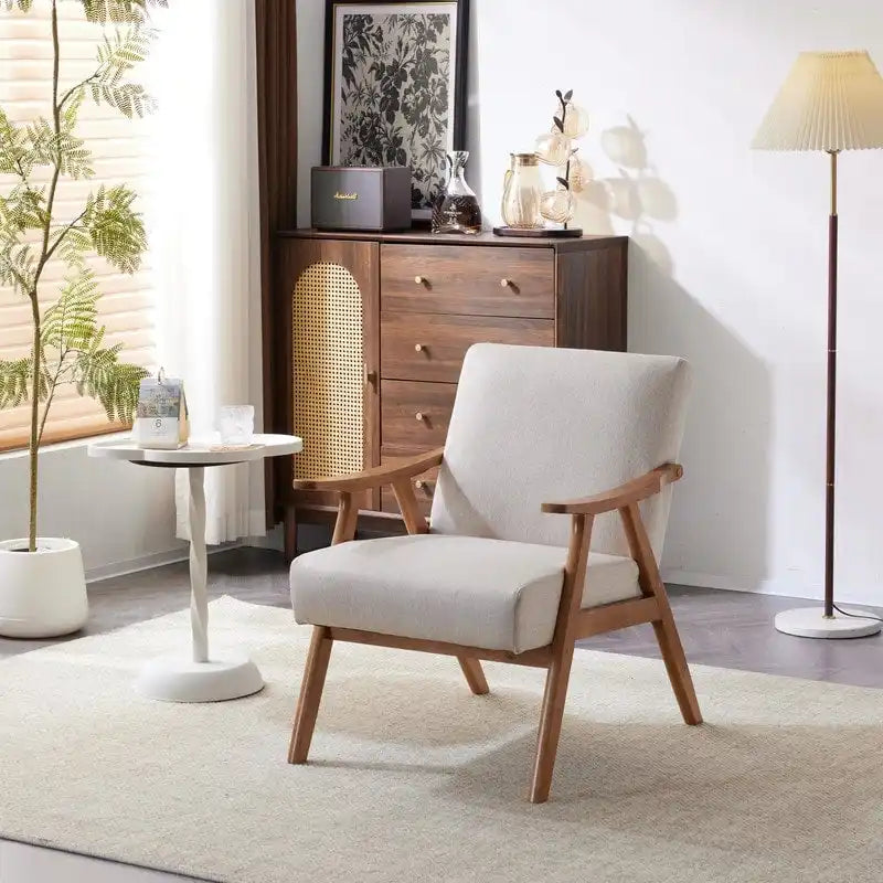 Poltrona lounge imbottita Mid-Century Modern, poltrona accentata in tessuto, robusta struttura in legno