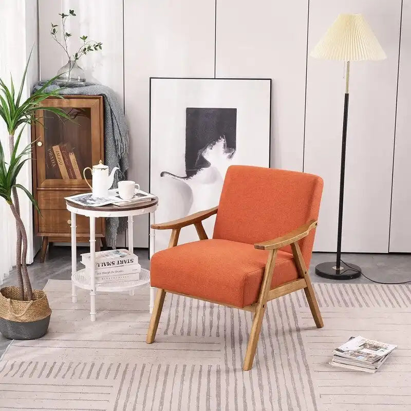 Poltrona lounge imbottita Mid-Century Modern, poltrona accentata in tessuto, robusta struttura in legno