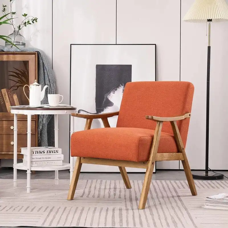 Poltrona lounge imbottita Mid-Century Modern, poltrona accentata in tessuto, robusta struttura in legno