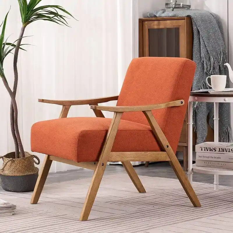 Poltrona lounge imbottita Mid-Century Modern, poltrona accentata in tessuto, robusta struttura in legno