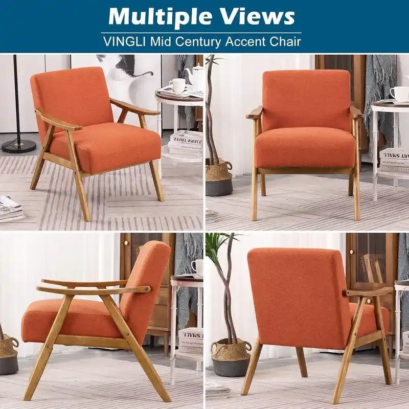 Poltrona lounge imbottita Mid-Century Modern, poltrona accentata in tessuto, robusta struttura in legno