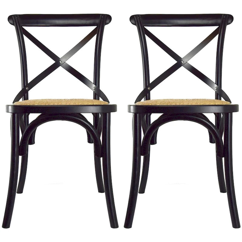 Set di 2 sedie da pranzo in legno stile antico rustico, schienale a croce, rattan con schienale a X, scuro, per camera da letto, ristoranti, hotel