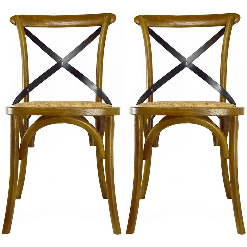 Set di 2 sedie da pranzo in legno stile antico rustico, schienale a croce, rattan con schienale a X, scuro, per camera da letto, ristoranti, hotel
