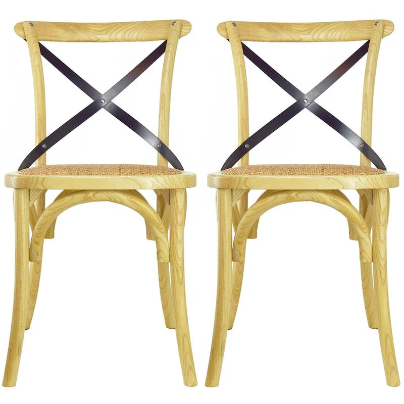 Set di 2 sedie da pranzo in legno stile antico rustico, schienale a croce, rattan con schienale a X, scuro, per camera da letto, ristoranti, hotel
