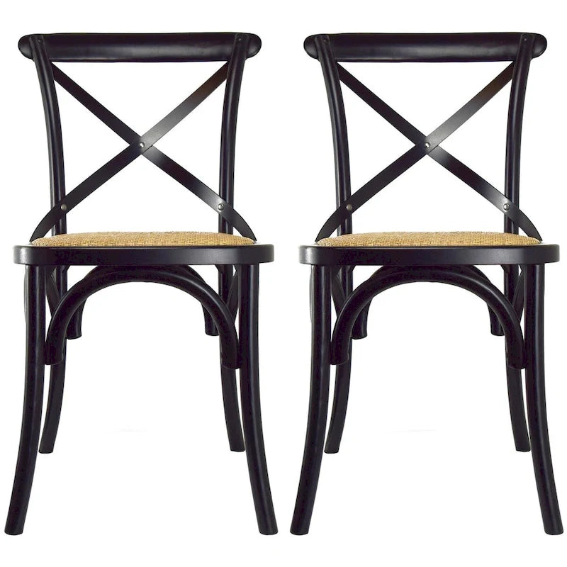 Set di 2 sedie da pranzo in legno stile antico rustico, schienale a croce, rattan con schienale a X, scuro, per camera da letto, ristoranti, hotel
