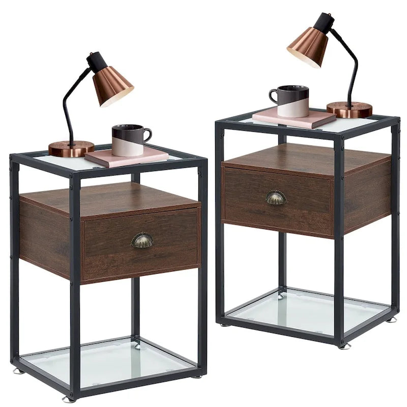 Set di 2 comodini moderni, 1 cassetto + 2 ripiani in vetro, struttura in metallo, conformi a CARB-2, 39,9 cm L x 59,9 cm H