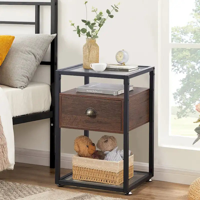 Set di 2 comodini moderni, 1 cassetto + 2 ripiani in vetro, struttura in metallo, conformi a CARB-2, 39,9 cm L x 59,9 cm H