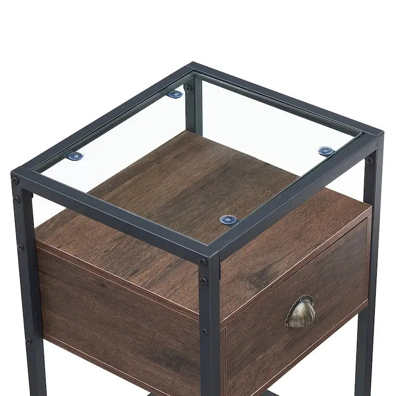 Set di 2 comodini moderni, 1 cassetto + 2 ripiani in vetro, struttura in metallo, conformi a CARB-2, 39,9 cm L x 59,9 cm H