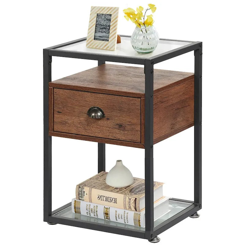 Set di 2 comodini moderni, 1 cassetto + 2 ripiani in vetro, struttura in metallo, conformi a CARB-2, 39,9 cm L x 59,9 cm H