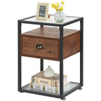 Set di 2 comodini moderni, 1 cassetto + 2 ripiani in vetro, struttura in metallo, conformi a CARB-2, 39,9 cm L x 59,9 cm H