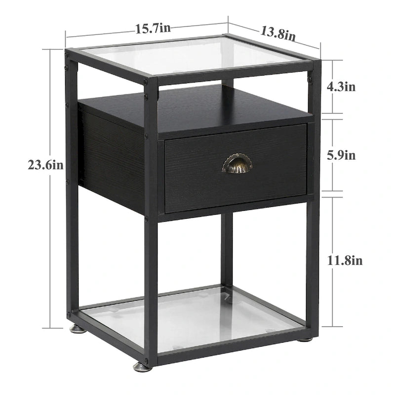 Set di 2 comodini moderni, 1 cassetto + 2 ripiani in vetro, struttura in metallo, conformi a CARB-2, 39,9 cm L x 59,9 cm H