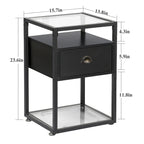 Set di 2 comodini moderni, 1 cassetto + 2 ripiani in vetro, struttura in metallo, conformi a CARB-2, 39,9 cm L x 59,9 cm H