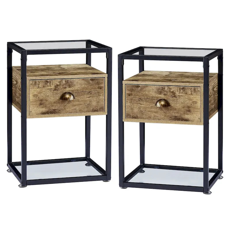 Set di 2 comodini moderni, 1 cassetto + 2 ripiani in vetro, struttura in metallo, conformi a CARB-2, 39,9 cm L x 59,9 cm H