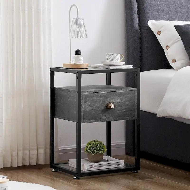 Set di 2 comodini moderni, 1 cassetto + 2 ripiani in vetro, struttura in metallo, conformi a CARB-2, 39,9 cm L x 59,9 cm H