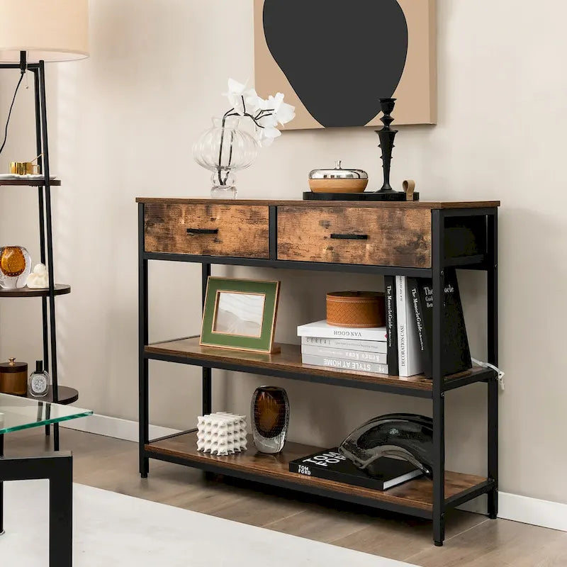 Consolle industriale da ingresso, 2 cassetti pieghevoli in tessuto, ripiano a 2 livelli, kit antiribaltamento, 101,6 cm L x 81,3 cm H