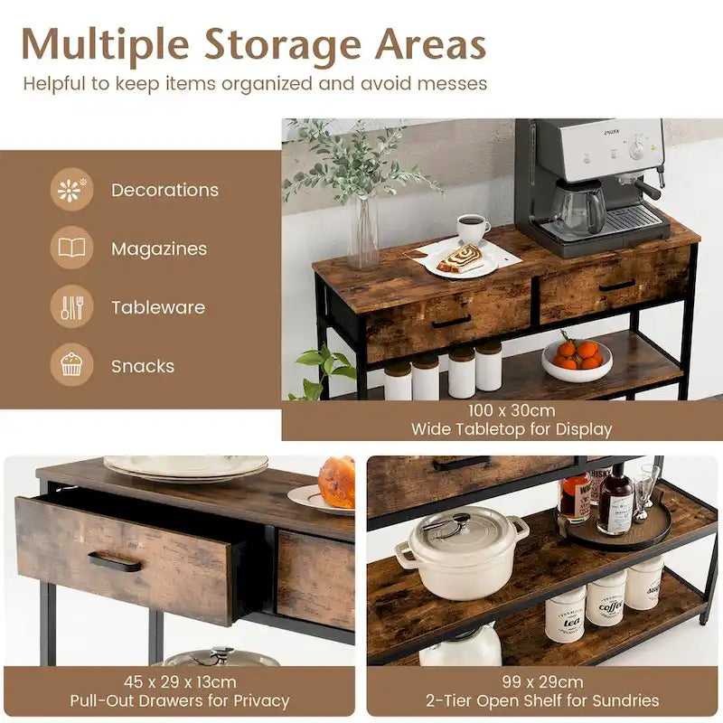 Consolle industriale da ingresso, 2 cassetti pieghevoli in tessuto, ripiano a 2 livelli, kit antiribaltamento, 101,6 cm L x 81,3 cm H