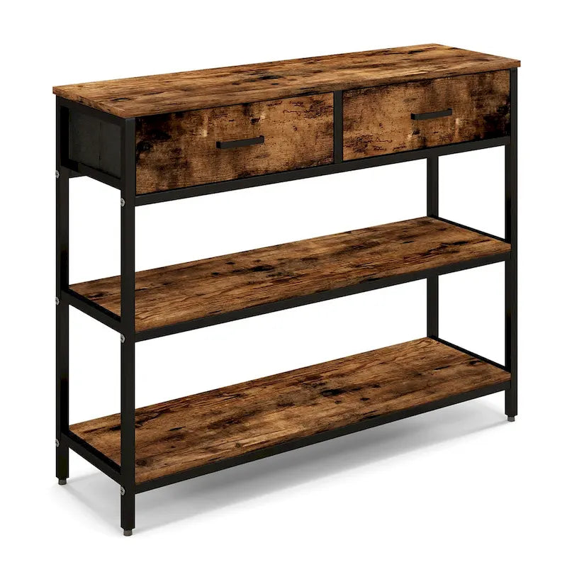 Consolle industriale da ingresso, 2 cassetti pieghevoli in tessuto, ripiano a 2 livelli, kit antiribaltamento, 101,6 cm L x 81,3 cm H