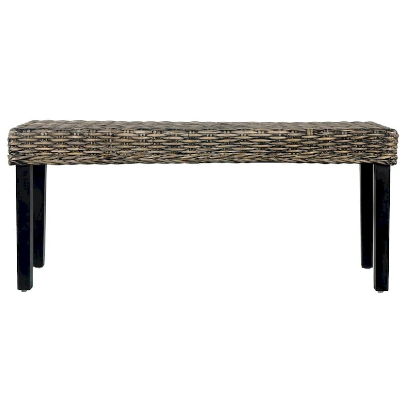 Panca Boho in rattan Kubu naturale da 110 cm e legno massello di mango, nera, panca accentuata per ingresso e camera da letto