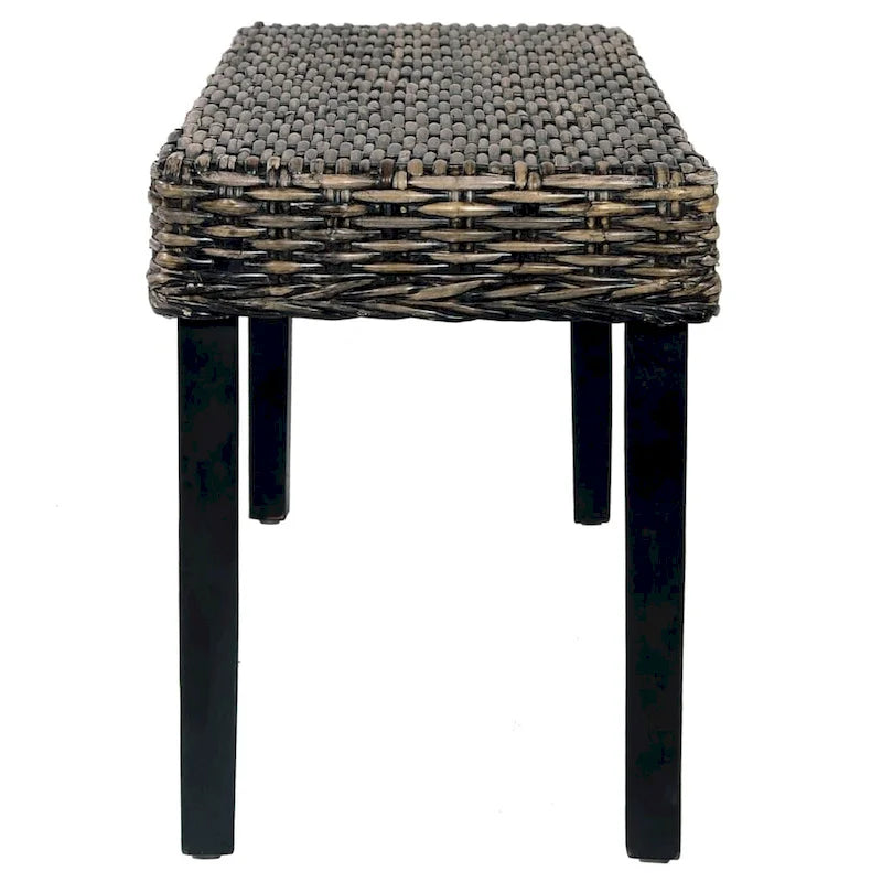 Panca Boho in rattan Kubu naturale da 110 cm e legno massello di mango, nera, panca accentuata per ingresso e camera da letto