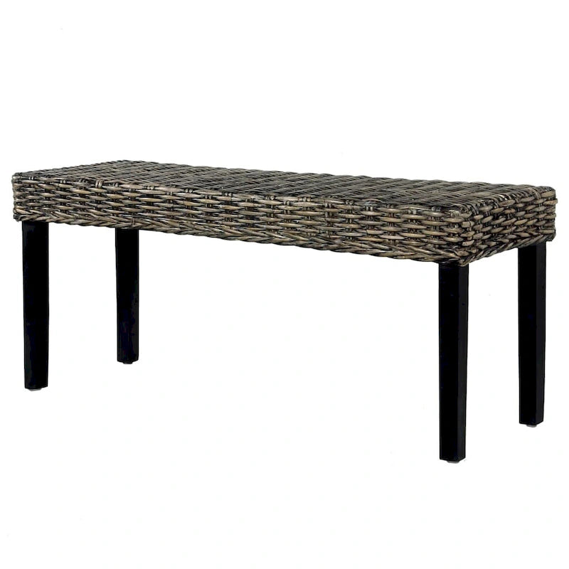 Panca Boho in rattan Kubu naturale da 110 cm e legno massello di mango, nera, panca accentuata per ingresso e camera da letto