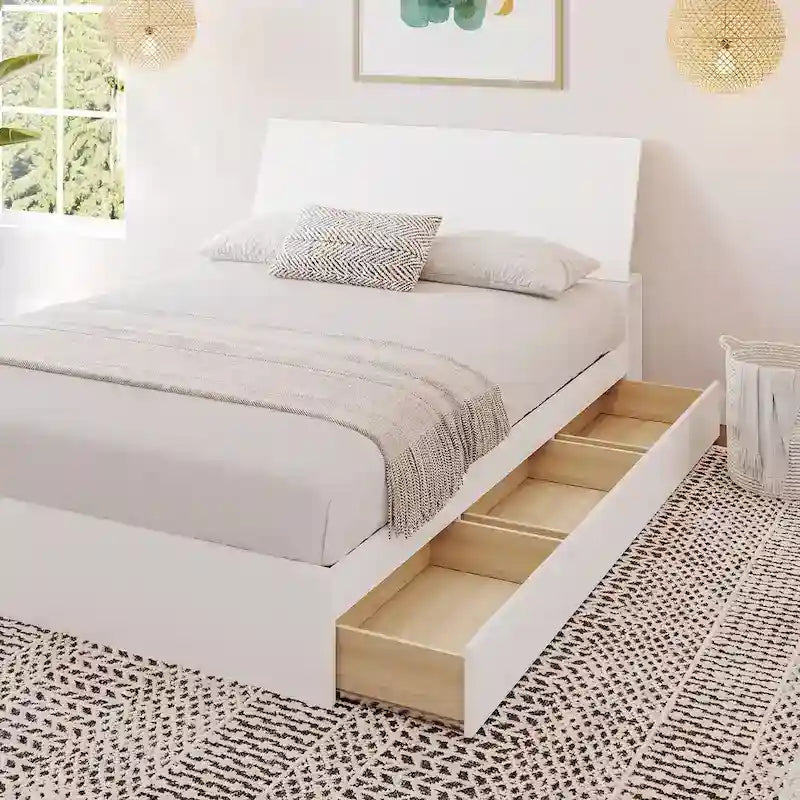 Letto a piattaforma contenitore bianco con testiera, 3 cassetti, design reversibile, doghe in metallo e legno, senza rete a molle