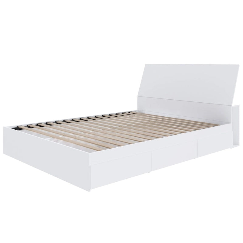 Letto a piattaforma contenitore bianco con testiera, 3 cassetti, design reversibile, doghe in metallo e legno, senza rete a molle